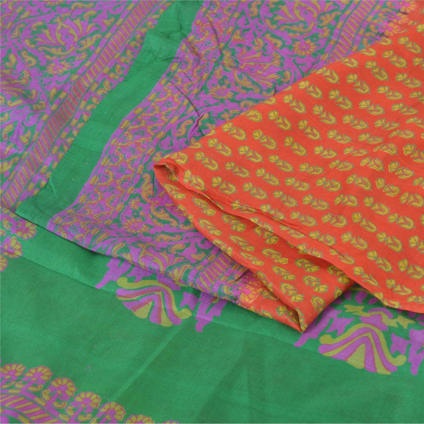 Sanskriti Vintage Sarees Indian Orange Pure Silk Printed Sari 5yd Craft Sustainable Fabric