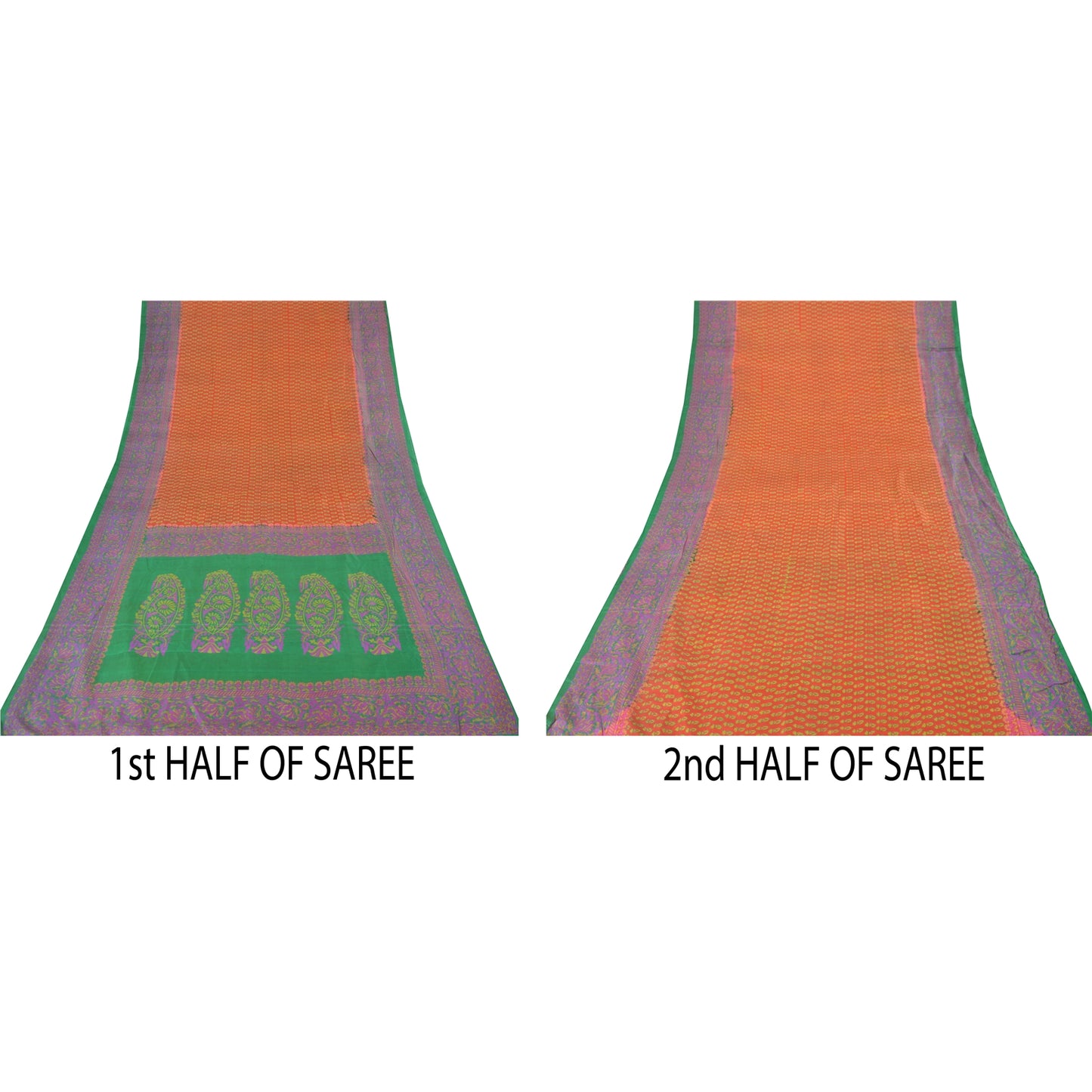 Sanskriti Vintage Sarees Indian Orange Pure Silk Printed Sari 5yd Craft Sustainable Fabric