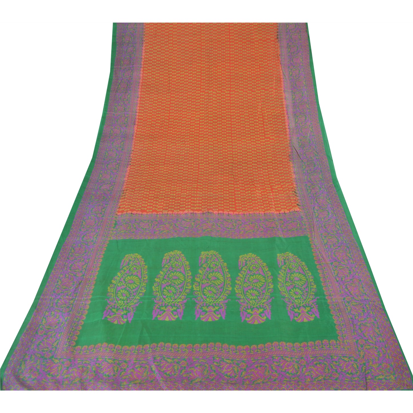 Sanskriti Vintage Sarees Indian Orange Pure Silk Printed Sari 5yd Craft Sustainable Fabric