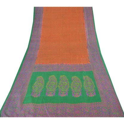 Sanskriti Vintage Sarees Indian Orange Pure Silk Printed Sari 5yd Craft Sustainable Fabric