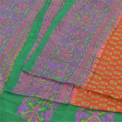 Sanskriti Vintage Sarees Indian Orange Pure Silk Printed Sari 5yd Craft Sustainable Fabric