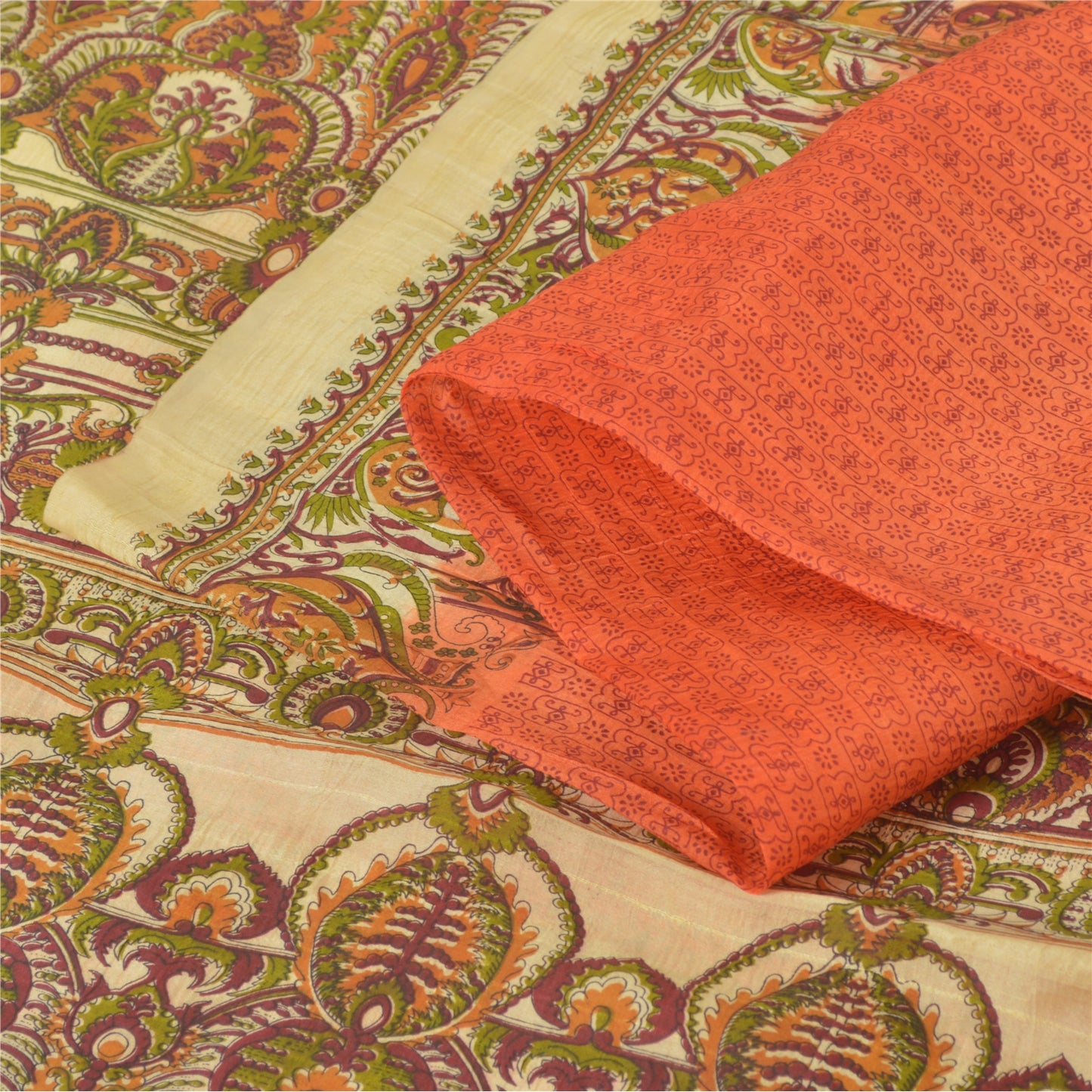 Sanskriti Vintage Sarees Indian Orange Pure Silk Printed Sari 5yd Craft Sustainable Fabric