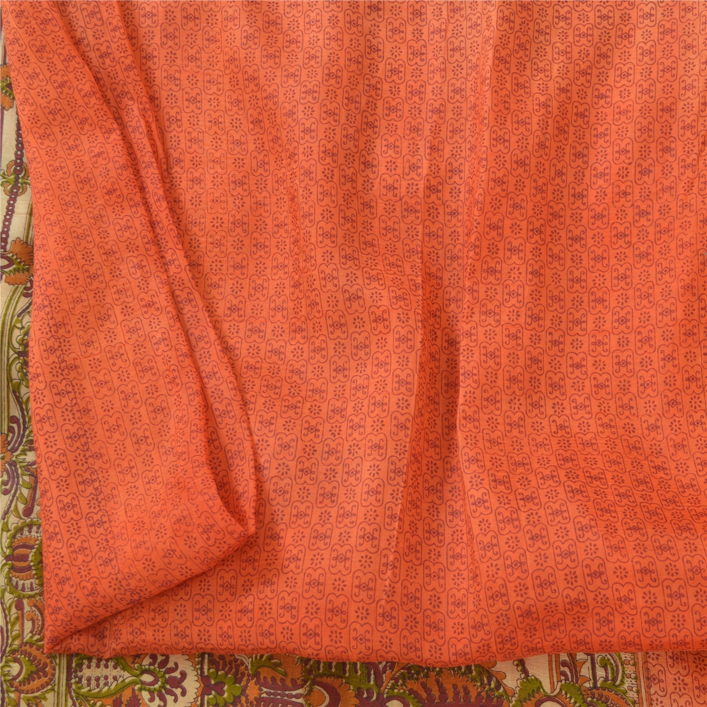 Sanskriti Vintage Sarees Indian Orange Pure Silk Printed Sari 5yd Craft Sustainable Fabric