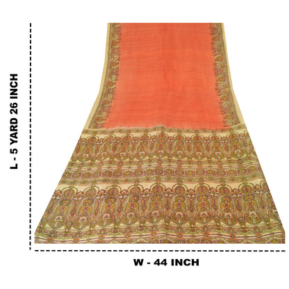 Sanskriti Vintage Sarees Indian Orange Pure Silk Printed Sari 5yd Craft Sustainable Fabric