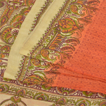 Sanskriti Vintage Sarees Indian Orange Pure Silk Printed Sari 5yd Craft Sustainable Fabric