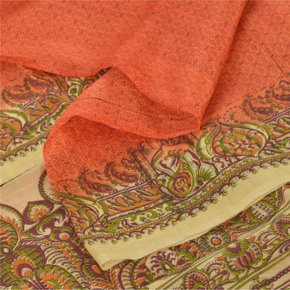 Sanskriti Vintage Sarees Indian Orange Pure Silk Printed Sari 5yd Craft Sustainable Fabric