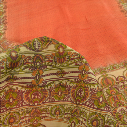 Sanskriti Vintage Sarees Indian Orange Pure Silk Printed Sari 5yd Craft Sustainable Fabric