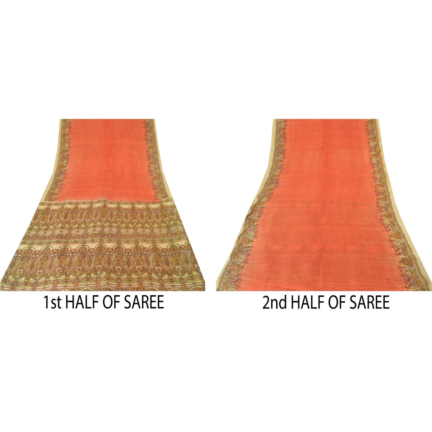 Sanskriti Vintage Sarees Indian Orange Pure Silk Printed Sari 5yd Craft Sustainable Fabric