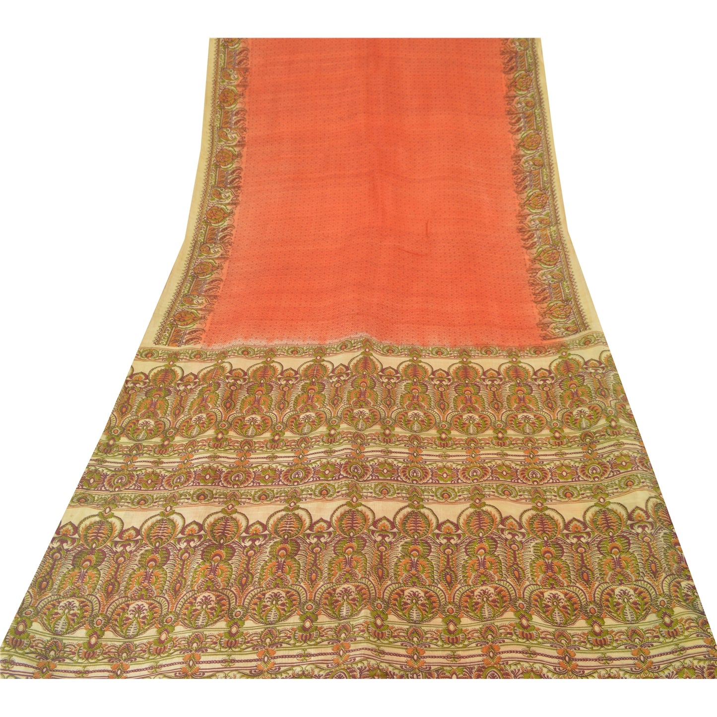 Sanskriti Vintage Sarees Indian Orange Pure Silk Printed Sari 5yd Craft Sustainable Fabric