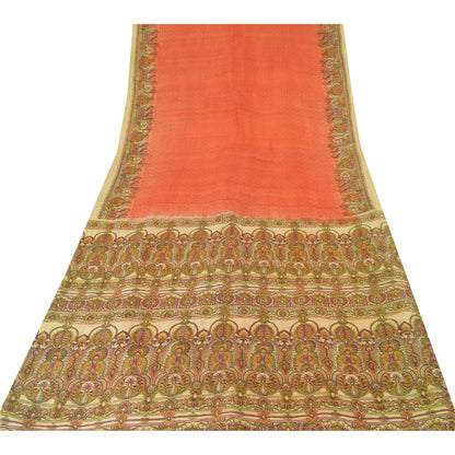 Sanskriti Vintage Sarees Indian Orange Pure Silk Printed Sari 5yd Craft Sustainable Fabric