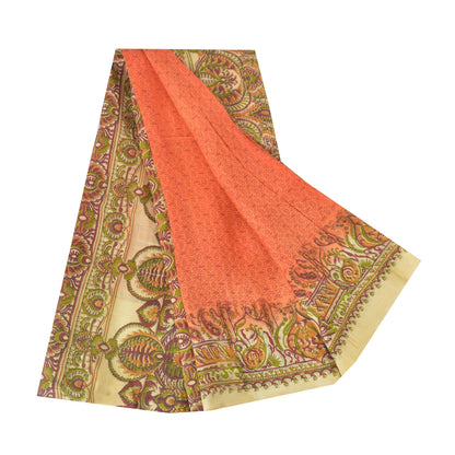 Sanskriti Vintage Sarees Indian Orange Pure Silk Printed Sari 5yd Craft Sustainable Fabric