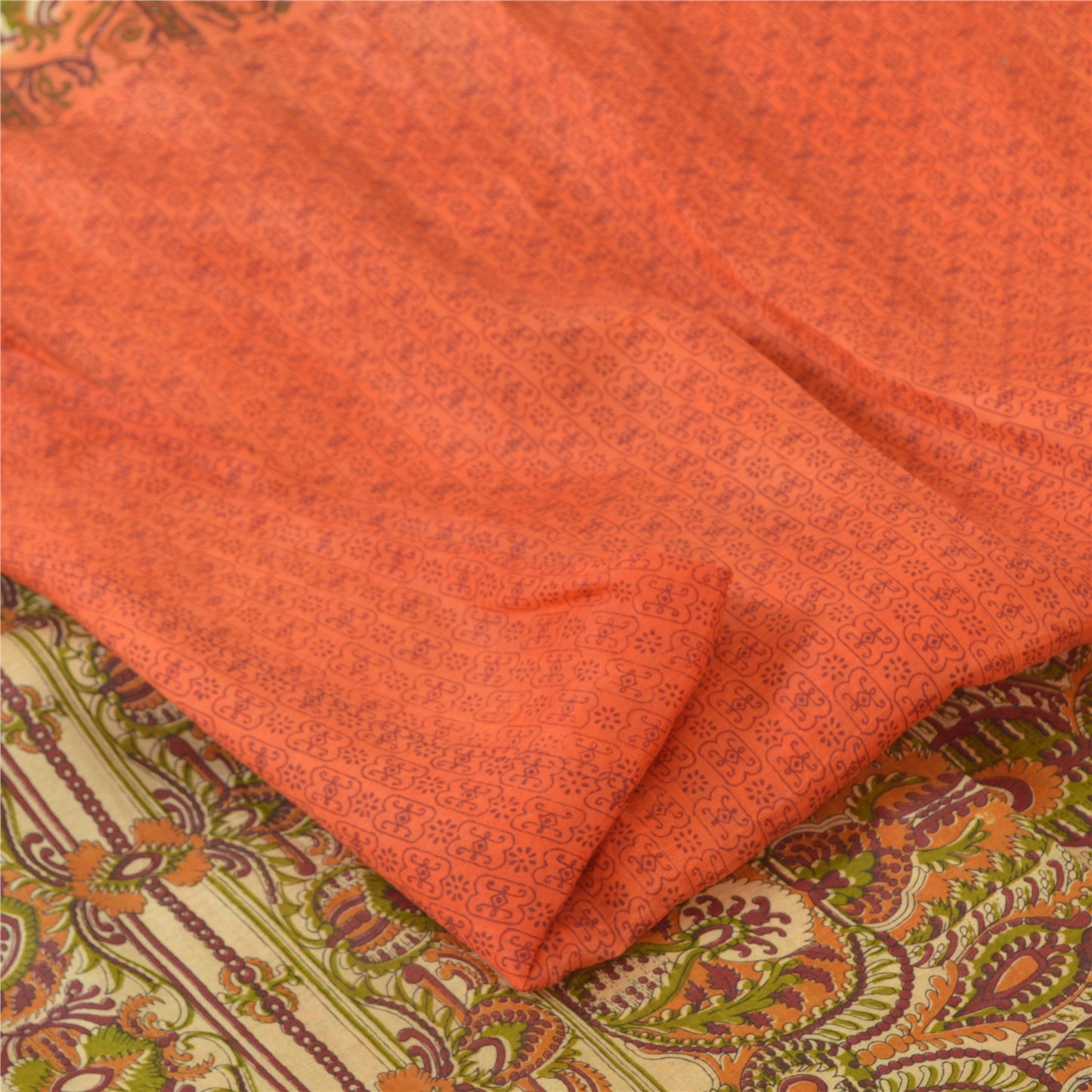 Sanskriti Vintage Sarees Indian Orange Pure Silk Printed Sari 5yd Craft Sustainable Fabric