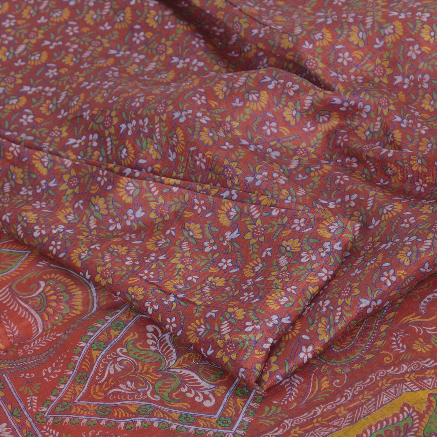 Sanskriti Vintage Sarees Dark Red 100% Pure Silk Printed Sari 6yd Craft Sustainable Fabric