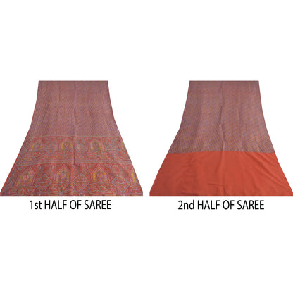 Sanskriti Vintage Sarees Dark Red 100% Pure Silk Printed Sari 6yd Craft Sustainable Fabric