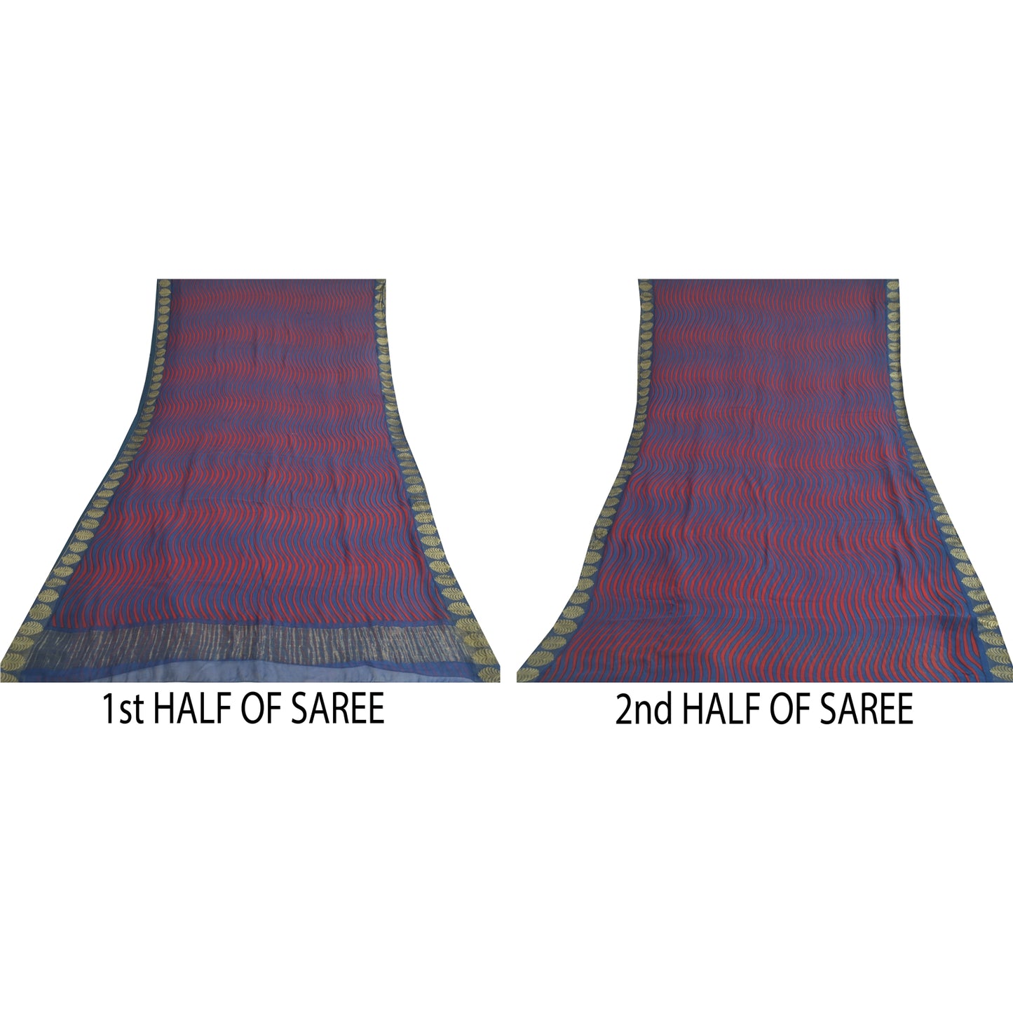 Sanskriti Vintage Sarees Blue/Red Blend Chiffon Printed Woven Sari 5yd Sustainable Fabric