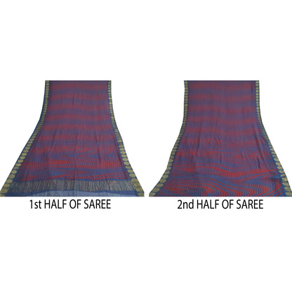 Sanskriti Vintage Sarees Blue/Red Blend Chiffon Printed Woven Sari 5yd Sustainable Fabric