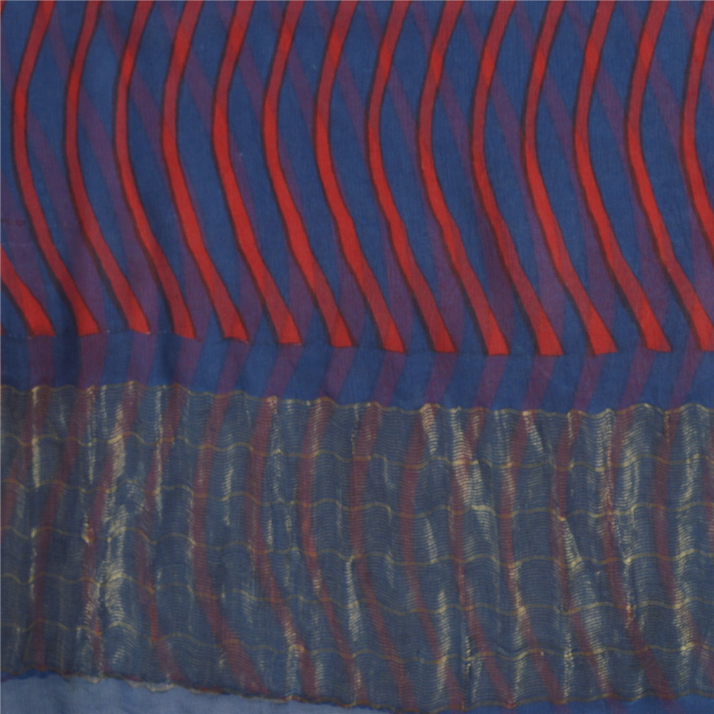 Sanskriti Vintage Sarees Blue/Red Blend Chiffon Printed Woven Sari 5yd Sustainable Fabric