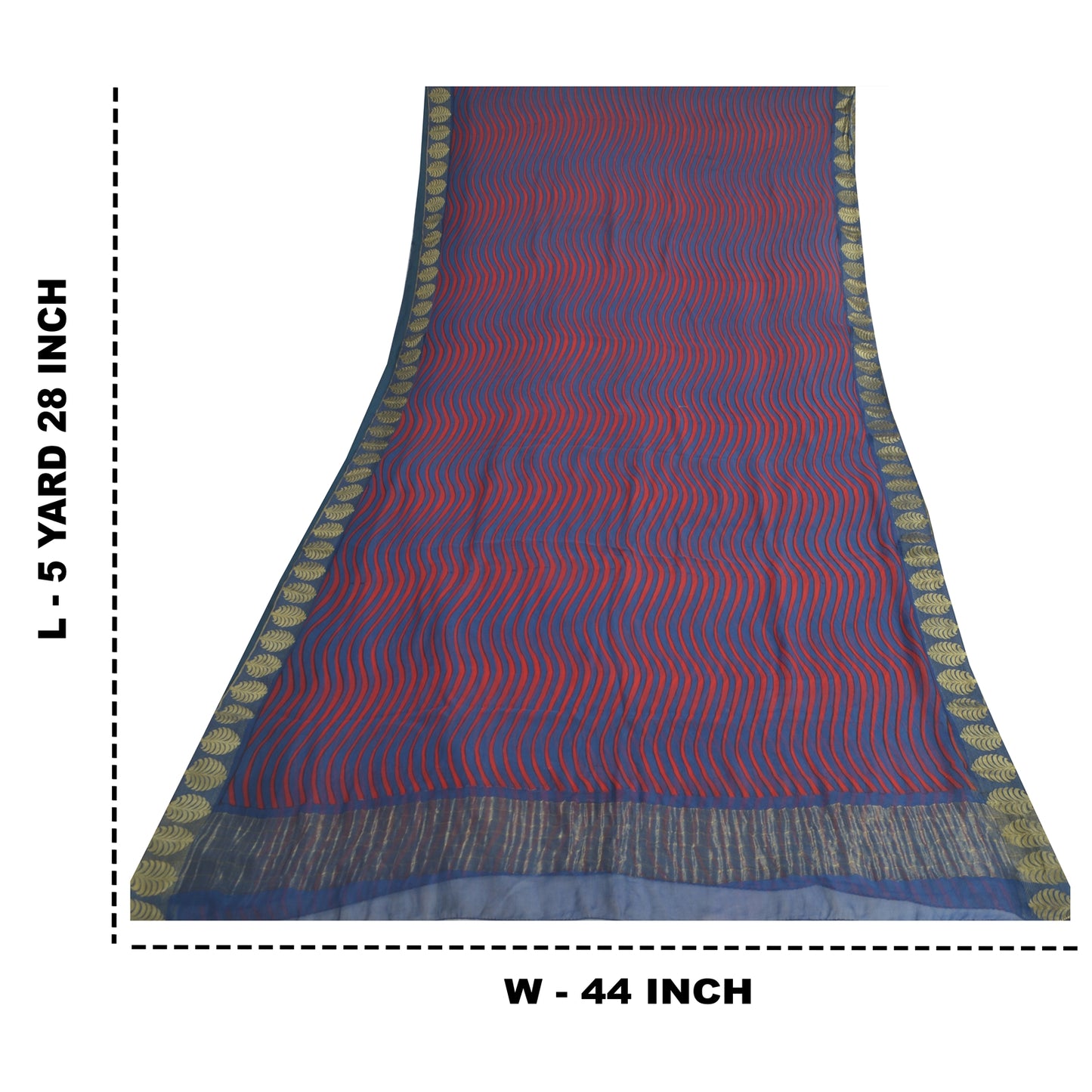 Sanskriti Vintage Sarees Blue/Red Blend Chiffon Printed Woven Sari 5yd Sustainable Fabric