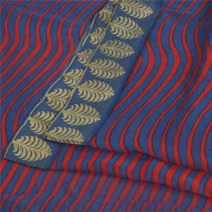 Sanskriti Vintage Sarees Blue/Red Blend Chiffon Printed Woven Sari 5yd Sustainable Fabric