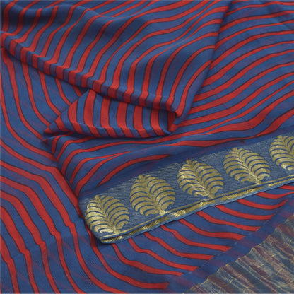 Sanskriti Vintage Sarees Blue/Red Blend Chiffon Printed Woven Sari 5yd Sustainable Fabric