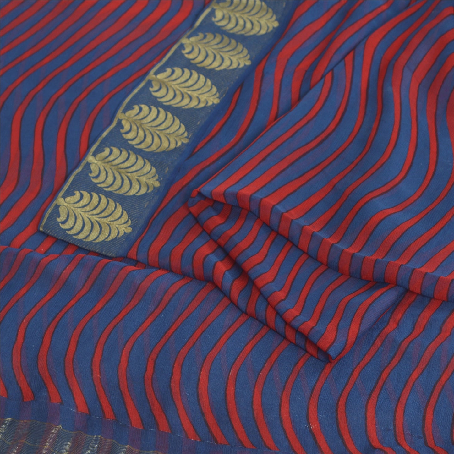 Sanskriti Vintage Sarees Blue/Red Blend Chiffon Printed Woven Sari 5yd Sustainable Fabric