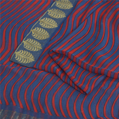 Sanskriti Vintage Sarees Blue/Red Blend Chiffon Printed Woven Sari 5yd Sustainable Fabric