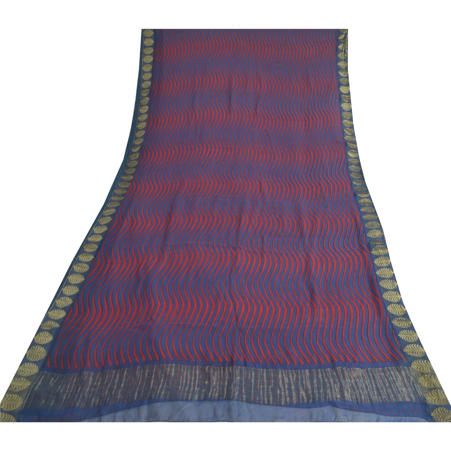 Sanskriti Vintage Sarees Blue/Red Blend Chiffon Printed Woven Sari 5yd Sustainable Fabric