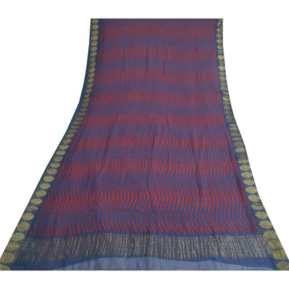 Sanskriti Vintage Sarees Blue/Red Blend Chiffon Printed Woven Sari 5yd Sustainable Fabric