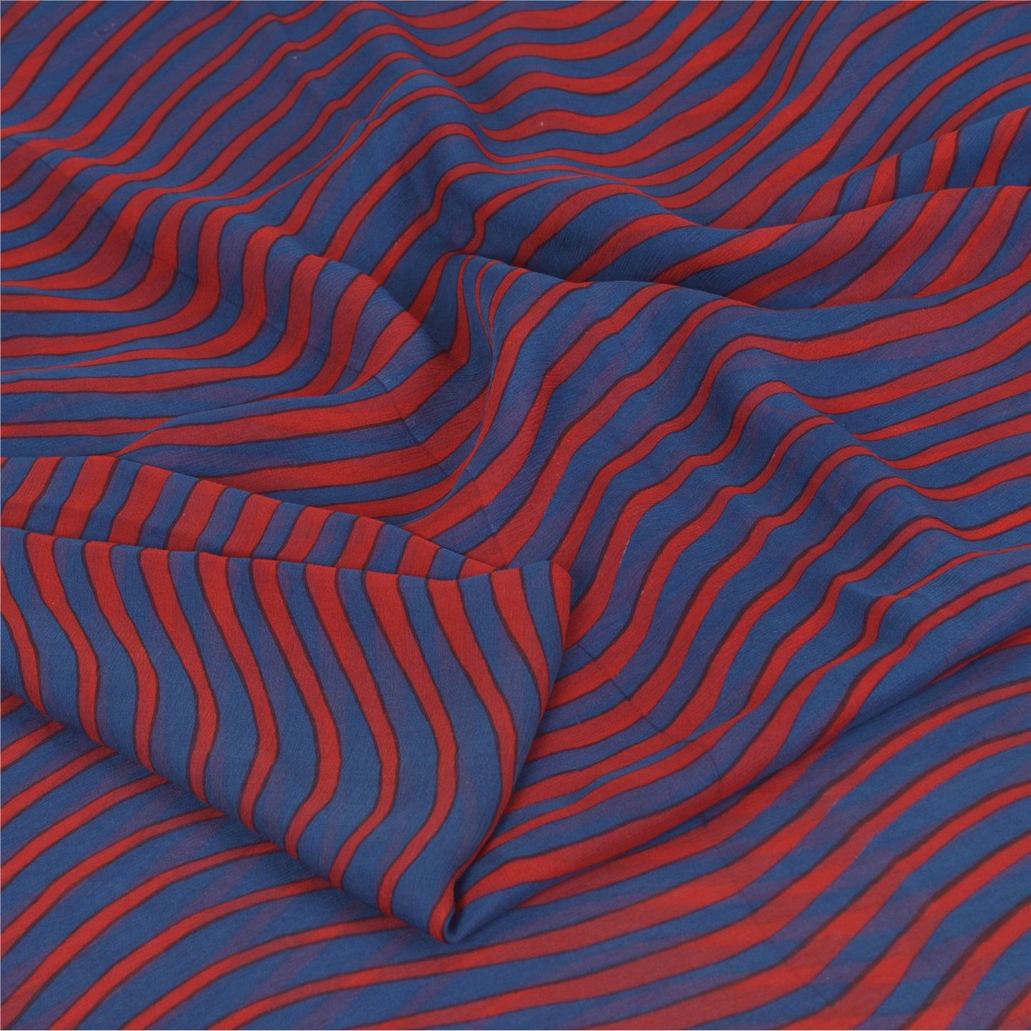 Sanskriti Vintage Sarees Blue/Red Blend Chiffon Printed Woven Sari 5yd Sustainable Fabric