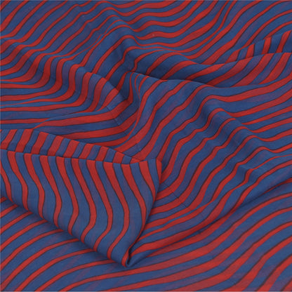 Sanskriti Vintage Sarees Blue/Red Blend Chiffon Printed Woven Sari 5yd Sustainable Fabric