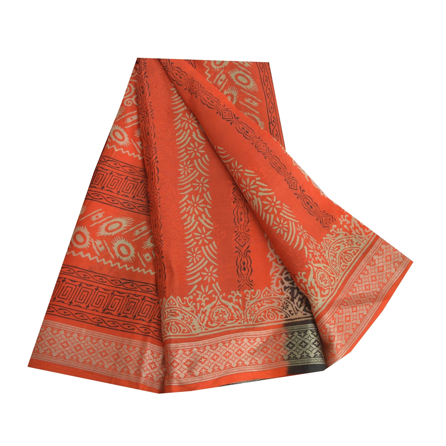Sanskriti Vintage Sarees Black/Orange Pure Silk Printed Sari 5yd Craft Sustainable Fabric
