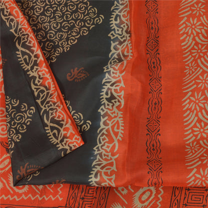 Sanskriti Vintage Sarees Black/Orange Pure Silk Printed Sari 5yd Craft Sustainable Fabric
