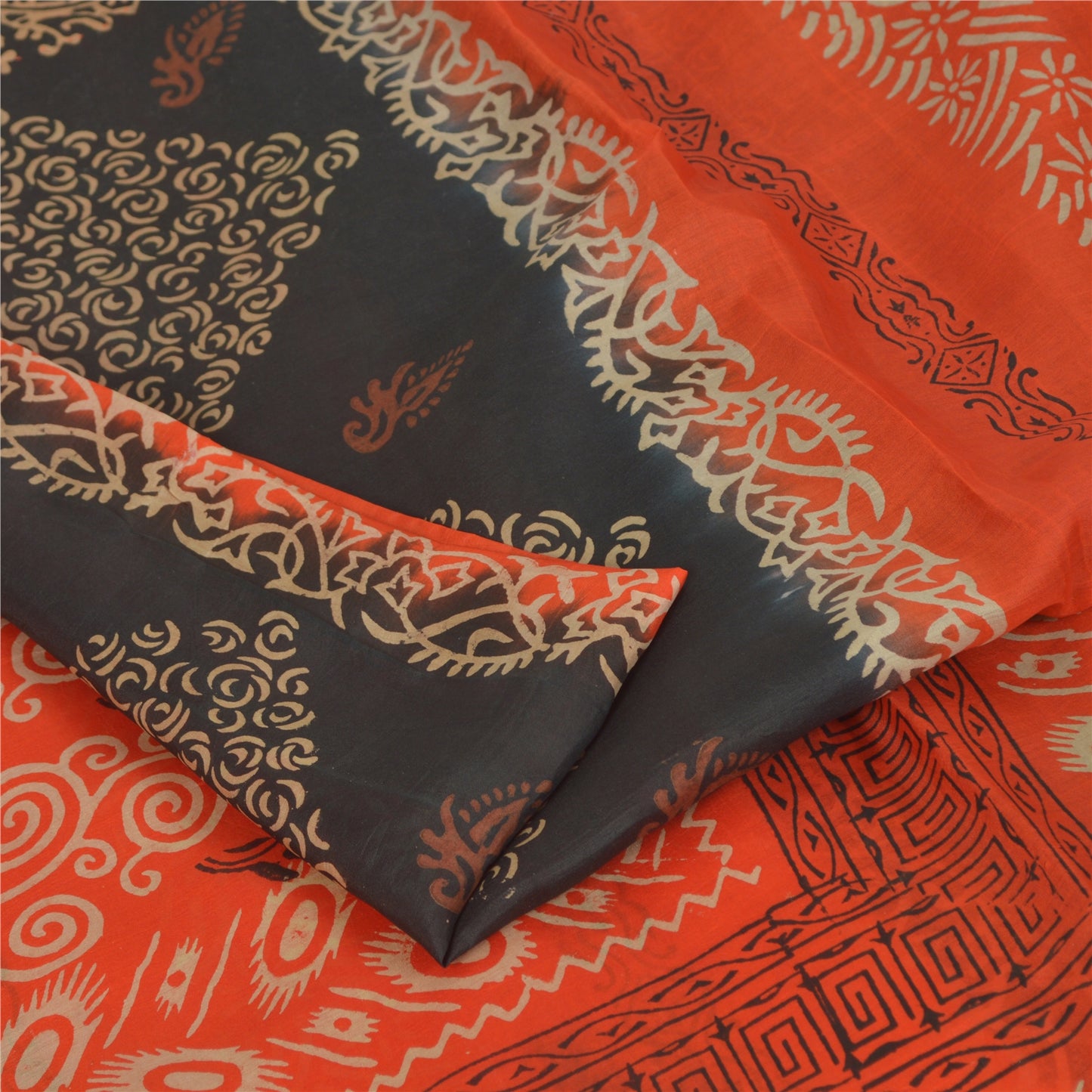 Sanskriti Vintage Sarees Black/Orange Pure Silk Printed Sari 5yd Craft Sustainable Fabric