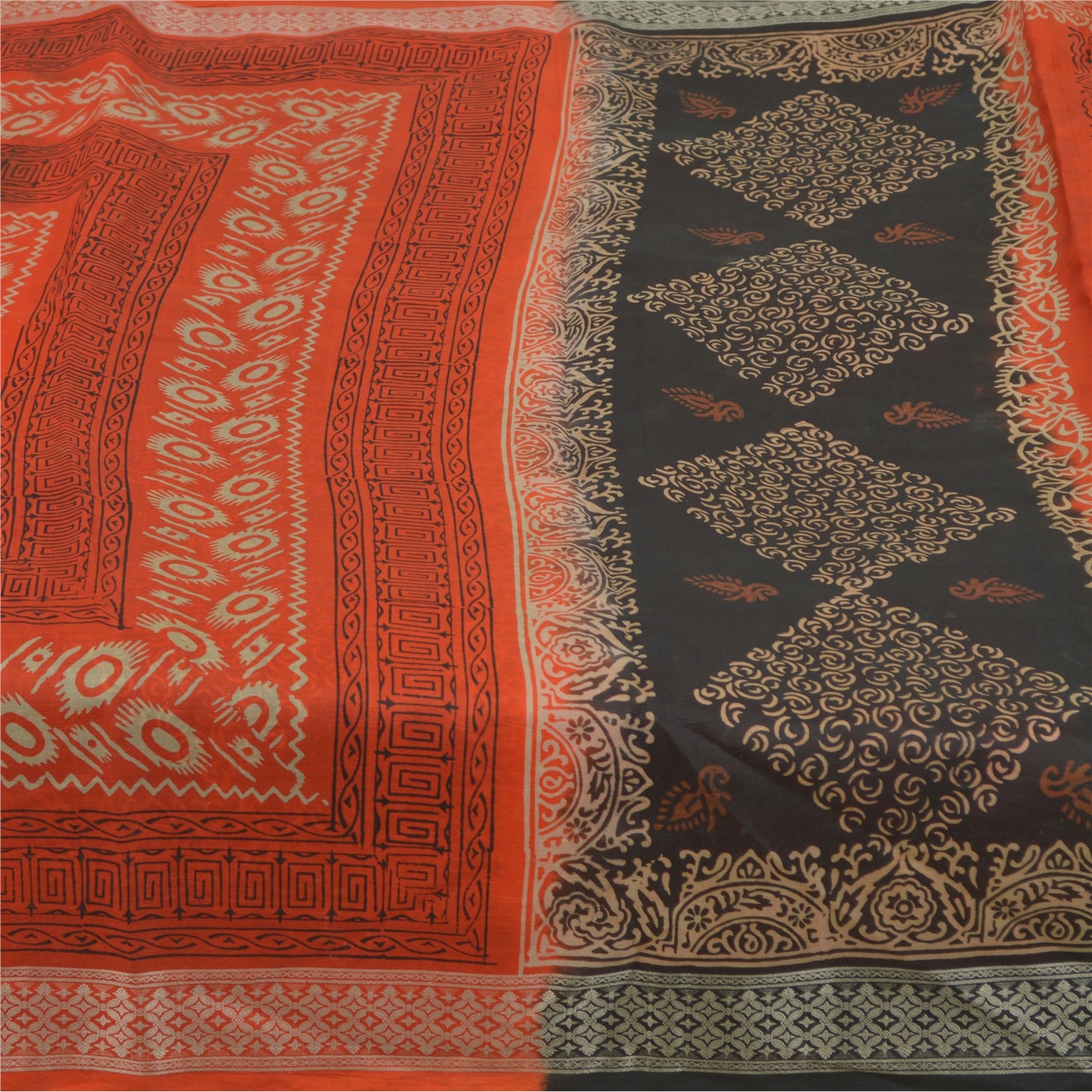 Sanskriti Vintage Sarees Black/Orange Pure Silk Printed Sari 5yd Craft Sustainable Fabric