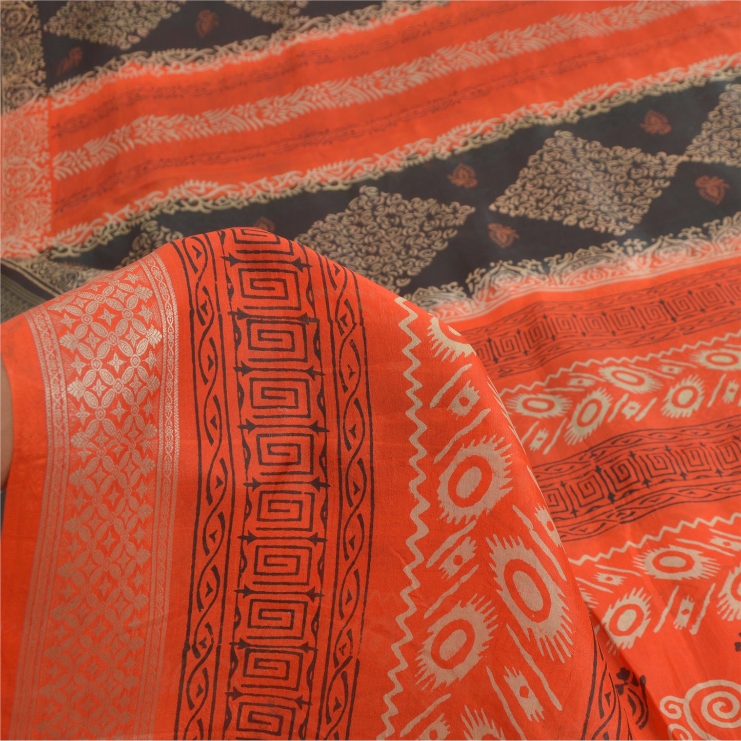 Sanskriti Vintage Sarees Black/Orange Pure Silk Printed Sari 5yd Craft Sustainable Fabric