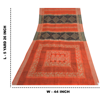 Sanskriti Vintage Sarees Black/Orange Pure Silk Printed Sari 5yd Craft Sustainable Fabric