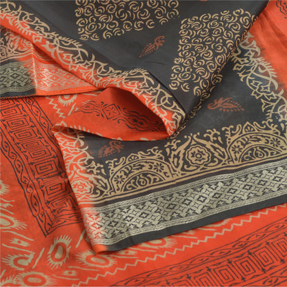 Sanskriti Vintage Sarees Black/Orange Pure Silk Printed Sari 5yd Craft Sustainable Fabric