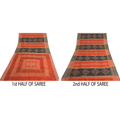 Sanskriti Vintage Sarees Black/Orange Pure Silk Printed Sari 5yd Craft Sustainable Fabric