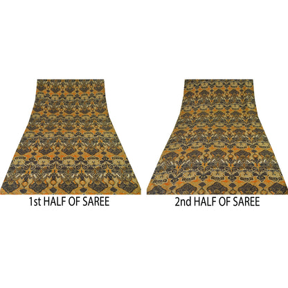 Sanskriti Vintage Sarees Indian Yellow Pure Silk Printed Sari 5yd Craft Sustainable Fabric