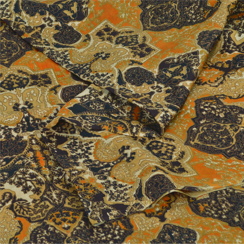 Sanskriti Vintage Sarees Indian Yellow Pure Silk Printed Sari 5yd Craft Sustainable Fabric