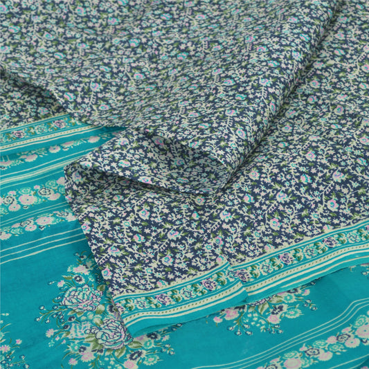 Sanskriti Vintage Sarier 6 m Quiltning Filtning Håndværk Bæredygtigt Stof Blå Ren Silke Sari