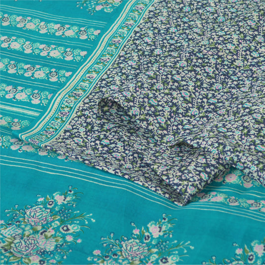 Sanskriti Vintage Sarier 6 m Quiltning Filtning Håndværk Bæredygtigt Stof Blå Ren Silke Sari