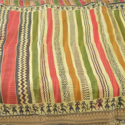 Sanskriti Vintage Sarees Multi Warli Art Pure Silk Printed Sari 5yd Craft Sustainable Fabric