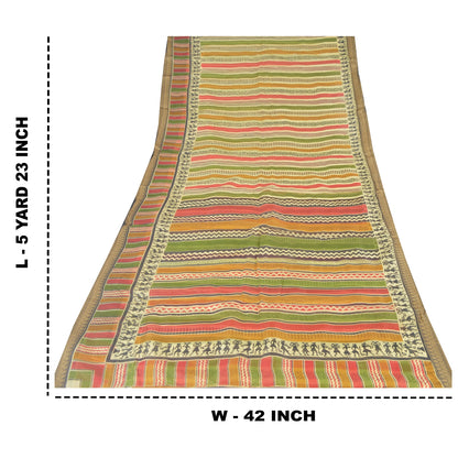 Sanskriti Vintage Sarees Multi Warli Art Pure Silk Printed Sari 5yd Craft Sustainable Fabric