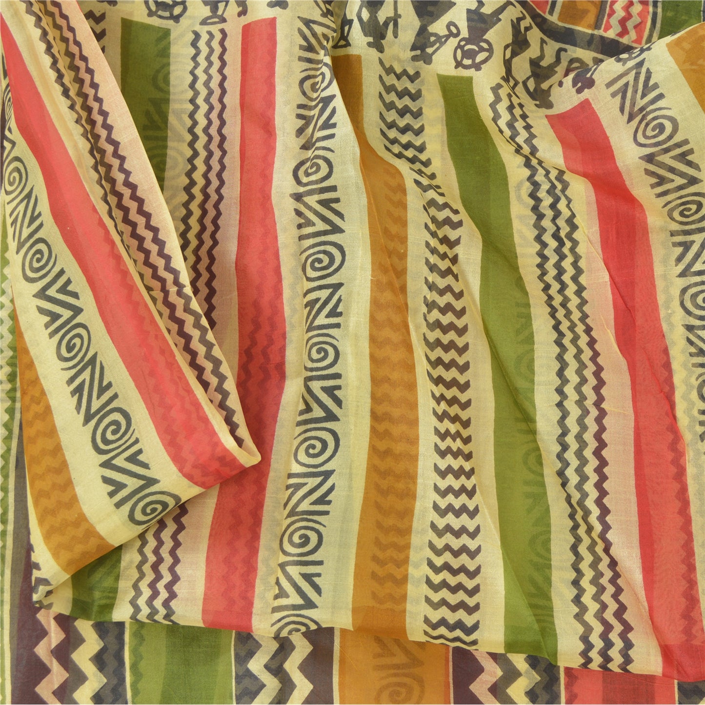 Sanskriti Vintage Sarees Multi Warli Art Pure Silk Printed Sari 5yd Craft Sustainable Fabric