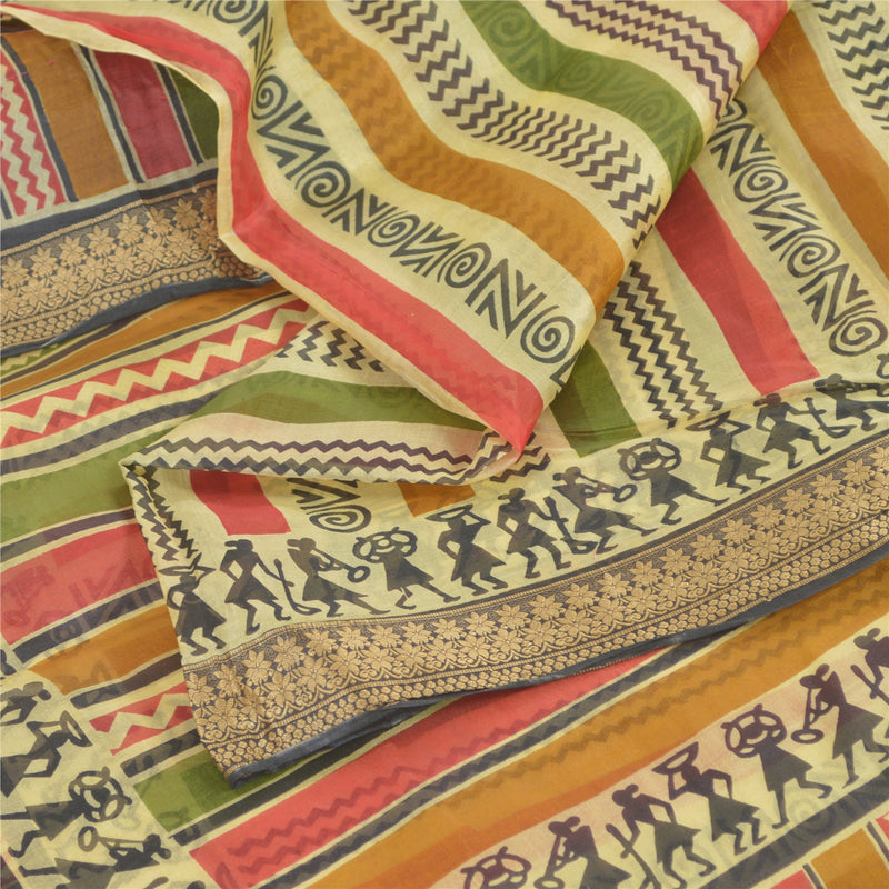 Санскритские винтажные сари Multi Warli Art Pure Silk Printed Sari 5yd Craft Sustainable Fabric