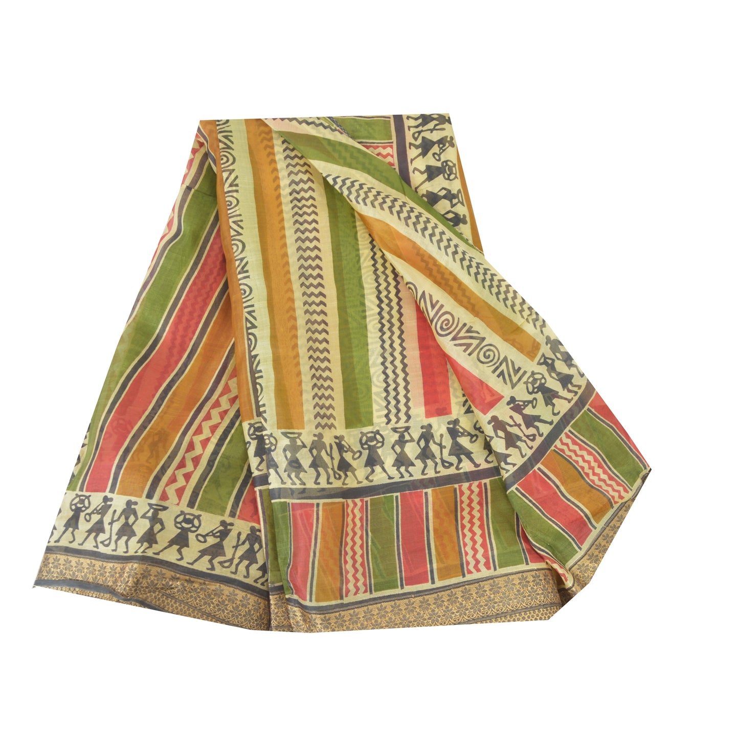 Sanskriti Vintage Sarees Multi Warli Art Pure Silk Printed Sari 5yd Craft Sustainable Fabric