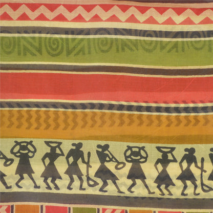 Sanskriti Vintage Sarees Multi Warli Art Pure Silk Printed Sari 5yd Craft Sustainable Fabric
