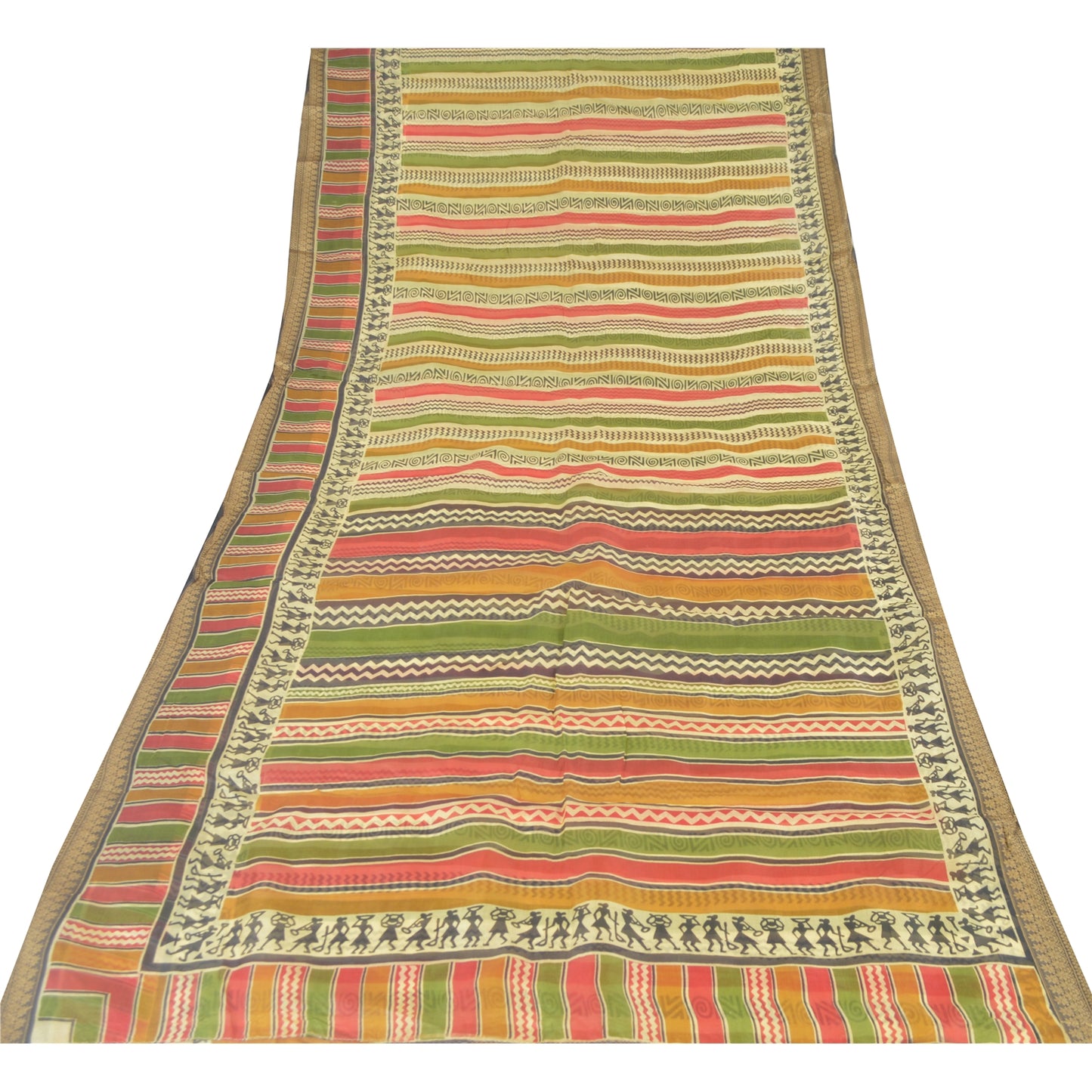 Sanskriti Vintage Sarees Multi Warli Art Pure Silk Printed Sari 5yd Craft Sustainable Fabric