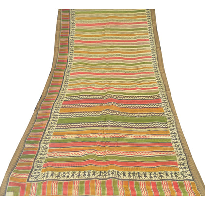 Sanskriti Vintage Sarees Multi Warli Art Pure Silk Printed Sari 5yd Craft Sustainable Fabric